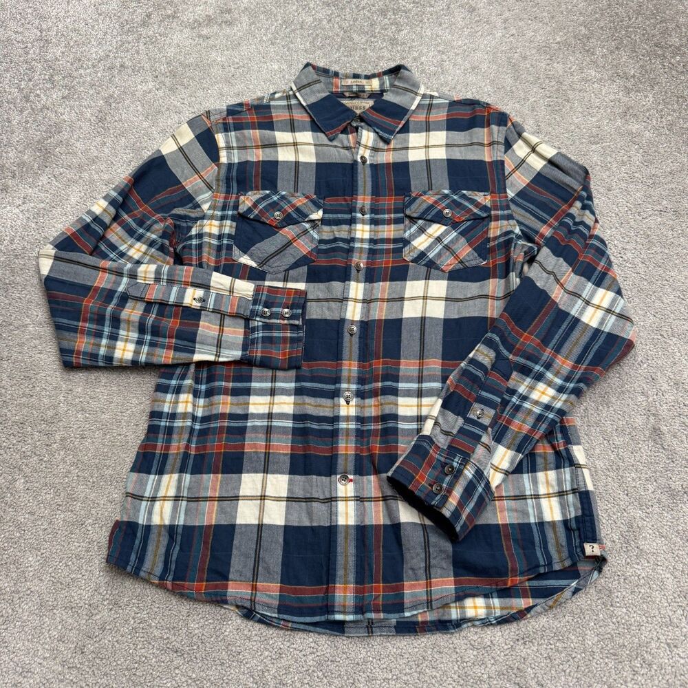 Guess Logan Flannel Shirt Men Small Blue Red Plaid Regular Fit Long Sleeve Warm